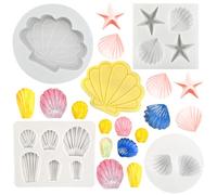 Paotxpum 4 PCS Seashell Theme Fondant Moulds Starfish Silicone Mould Cake Chocolate Moulds Seashell Starfish Designs for DIY Cake Decoration Chocolate Candy Polymer Clay Crafting Projects