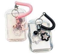 PAPAcroscoma 2 Pcs Cute Kpop Photocard Holder Keychain, Transparent PC Key Card Holder with Spring String, Waterproof Heavy Duty Photocard Keychain for Office School Travel Card Photo Protector