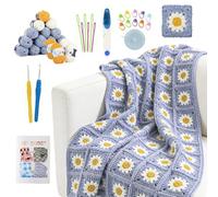PAPAcroscoma Crochet Blanket Kit, Complete Starter Crochet Kits for Beginners Adults with Step-by-Step Instructions Book Yarn & Accessories, Learn to Crochet Daisy Granny Square Blanket Kit