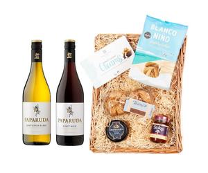 Paparuda Premium Wine Hamper | Sauvignon Blanc & Pinot Noir | Cheese, Chutney, Cookies & Chocolates | Gourmet Food & Wine Gift Basket | Presented in Classic Wicker Tray
