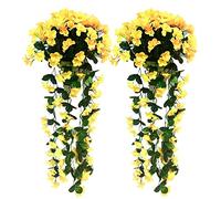 papasgix 2/4PCS Artificial Wisteria Basket Vine Violet Rose Fake Flowers Artificial Hanging Baskets Trumpet Flower for Garden Wall Fence Wedding Balcony Outdoor Inside Decoration(Violet 2PCS Yellow)