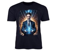 PAPAYANA - Nikola Tesla Energy - Men's Fun Print T-Shirt Printed - Regular Fit - Sizes S to 4XL, Navy Blue, L