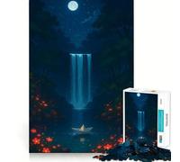 Paper Boat at Night Waterfall Hard Jigsaw Puzzle for Adults 1000 Pieces Think Toy Peaceful Fun Clean Cut Fine Art Piece (38x26cm)
