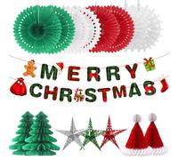 Paper Christmas Decorations, 16PCS Christmas Hanging Decorations Merry Christmas Banner Snowflake Paper Fans Star Christmas Hanging Honeycomb for Xmas Winter Home Ceiling Wall Decor