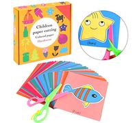 Paper Cut Set for Children, 2 Pieces Children's Safety Plastic Scissors with 96 Sheets Paper Craft Supplies, Kids Preschool Training Plastic Scissors for Early Learning and Creative Play
