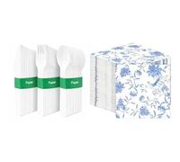 Paper Cutlery 120pk & Blue Floral Napkins 100pk Compostable Eco Bundle