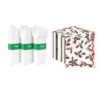 Paper Cutlery 120pk & Christmas Holly Napkins 100pk Compostable Festive Bundle