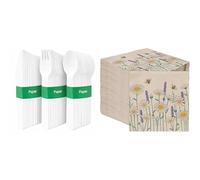 Paper Cutlery 120pk & Daisy Floral Napkins 100pk Compostable Eco Party Bundle