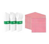 Paper Cutlery 120pk & Red Gingham Napkins 100pk Compostable Party Bundle