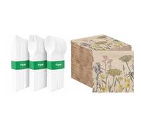 Paper Cutlery 120pk & Wildflower Floral Napkins 100pk Compostable Bundle