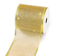 PAPER FAIR 1 Roll 4 Inch Wide 10 Yd Gold Glitter Wired Ribbon, Metallic Gold Mesh Wired Edge Ribbon for Christmas Tree Décor, Gift Wrapping Box, Bows, Wreath, Garland, DIY Craft