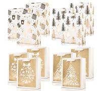 PAPER FAIR - 12 Pieces Gold and White Metallic Christmas Gift Bags Bulk, Medium, 9" x 7", Gold Paper Gift Bags for Thanksgiving Holiday New Year