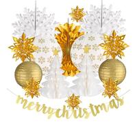 PAPER FAIR 16Pcs Luxury Christmas Tree Pearl Paper Decoration Honeycomb, White Winter 3D Gold Snowflake/Xmas Star/Merry Christmas Banner Hanging Swirls Paper Lantern Ornament for Festive Holiday Decor