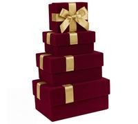 PAPER FAIR 4 Pack Velvet Nesting Gift Boxes, Rectangular Burgundy | Lids and Gold Ribbon Bow, Luxury Holiday Christmas Birthday Bridesmaid Proposal, 4 Sizes