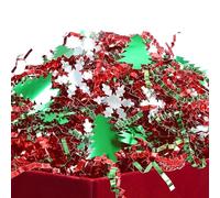 PAPER FAIR 5oz Metallic Red Green Christmas Crinkle Cut Paper Shred Filler w/Tree & Snowflake Confetti, Gift Wrap Packaging Raffia Tissue Strand, Craft Bedding Cushion, Winter Birthday Box Basket