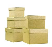 PAPER FAIR 5PCS Bright Gold Glitter Nesting Gift Boxes Set, Flat Square Cardboard Storage Organizer Keepsake Box with Lid Durable Reusable, for Gift Wrapping Holiday Present Christmas Birthday,