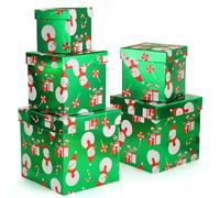 PAPER FAIR 5PCS Christmas Nesting Gift Boxes Set, Green Foil Snowman Candy Cane Square Cardboard Nested Box w/Lid, for Gift Wrapping Holiday Present Birthday, Assorted Size