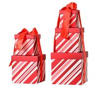 PAPER FAIR 5PCS Christmas Nesting Gift Boxes with Lid, Xmas Nested Box Set, 5 Sizes, Square Stackable, Red White Stripe Candy Cane Paper Box Tower Décor with Satin Ribbon, for Holiday Thanksgiving New