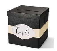 PAPER FAIR Embossed Black Glitter Card Box with Slot, Large Foldable 10x10x10 in with Ivory Ribbon & Cards Label, Wedding Reception Wishing Well Money Box, Birthday, Graduation