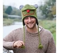 Hand Knitted Woolly Hat | Frog | Fun Wool Knit Fleece Lined Animal Hat for Men and Women | One Size Fits All | Wooly Winter Cap with Ear Warmers and Tassels Green