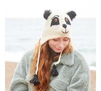 Hand Knitted Woolly Hat | Panda | Fun Wool Knit Fleece Lined Animal Hat for Men and Women | One Size Fits All | Wooly Winter Cap with Ear Warmers and Tassels Multicoloured