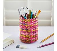 Paper High Recycled Newspaper Pencil Holder | Square or Round | Sustainable Pencil Pot | Handmade Colourful Pen Holder | Fair Trade Gifts for Men and Women (Round, Red/Pink/Yellow)