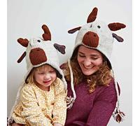 Hand Knitted Woolly Hat | Reindeer | Fun Wool Knit Fleece Lined Animal Hat for Men and Women | One Size Fits All | Wooly Winter Cap with Ear Warmers and Tassels Off-White
