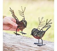 Paper High Set of Two Small Wire Winged Robin Decorative Ornament - Outdoor or Indoor Decoration - Metal Sculpture - For The Garden - Red and Gold Breasted Robins