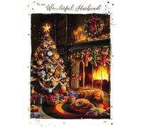 Paper House Artistic Christmas Greeting Card - Wonderful Husband - Snoozing Pets By The Fireplace - Charming Illustration Finished With Gold Foil - From The Great British Card Company