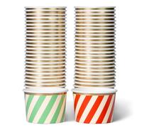 Paper Ice Cream Cups, 50-Count 250ml Disposable Dessert Bowls for Hot or Cold Food, 250ml Christmas Party Supplies Treat Cups, Red and Green Diagonal Stripes, Gold Foil