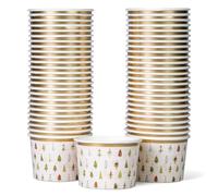 Paper Ice Cream Cups, 50-Count 250ml Disposable Dessert Bowls for Hot or Cold Food, 250ml Christmas Party Supplies Treat Cups, Handdrawn Christmas Trees, Gold Foil