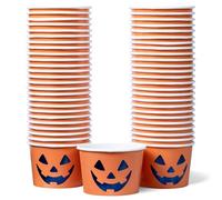 Paper Ice Cream Cups, 50-Count 250ml Disposable Dessert Bowls for Hot or Cold Food, 250ml Halloween Party Supplies Treat Cups, Jack-O'-Lantern, Orange