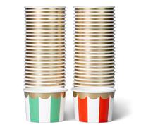 Paper Ice Cream Cups, 50-Pack 250ml Disposable Dessert Bowls for Hot or Cold Food, 250ml Christmas Party Supplies Treat Cups, Red and Green Stripes, Scalloped Gold Foil