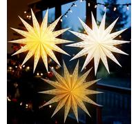 PAPER JAZZ 3 Pcs Christmas 3D Paper Star Lantern 9 Pointed Brown Hanging 12 Inch Beige Star Paper Lantern with String Light White Hollow Star Paper Lamp for Xmas Wedding Birthday Party Decorations