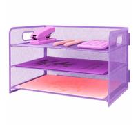 Paper Letter Tray with Handle, 3 Tier Metal Mesh Desk File Organizer, A4 Paper Desktop Filing Trays, Desk Tidy Magazine Document Holder for Home Office, Purple