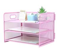 Paper Letter Tray with Handle, 3 Tier Metal Mesh Desk File Organizer, A4 Paper Desktop Filing Trays, Desk Tidy Magazine Document Holder for Home Office, Pink