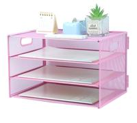 Paper Letter Tray with Handle, 3 Tier Metal Mesh Desk File Organizer, A4 Paper Desktop Filing Trays, Desk Tidy Magazine Document Holder for Home Office, Pink