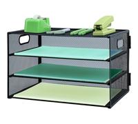 Paper Letter Tray with Handle, 3 Tier Metal Mesh Desk File Organizer, A4 Paper Desktop Filing Trays, Desk Tidy Magazine Document Holder for Home Office, Black