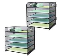 Paper Letter Tray with Handle, 5 Tier Metal Mesh Desk File Organizer, A4 Paper Desktop Filing Trays, Desk Tidy Magazine Document Holder for Home Office, 2 Pack, Black