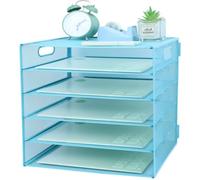 Paper Letter Tray with Handle, 5 Tier Metal Mesh Desk File Organizer, A4 Paper Desktop Filing Trays, Desk Tidy Magazine Document Holder for Home Office, Sky Blue