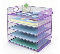 Paper Letter Tray with Handle, 5 Tier Metal Mesh Desk File Organizer, A4 Paper Desktop Filing Trays, Desk Tidy Magazine Document Holder for Home Office, Purple