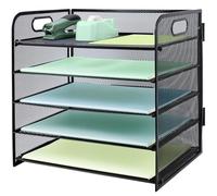 Paper Letter Tray with Handle, 5 Tier Metal Mesh Desk File Organizer, A4 Paper Desktop Filing Trays, Desk Tidy Magazine Document Holder for Home Office, Black
