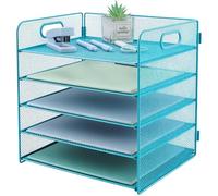 Paper Letter Tray with Handle, 5 Tier Metal Mesh Desk File Organizer, A4 Paper Desktop Filing Trays, Desk Tidy Magazine Document Holder for Home Office, Sky Blue
