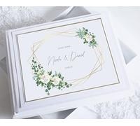 Paper Memories Boxed, Personalised Geometric White Peony And Eucalyptus Botanical Guest book for weddings and other celebrations in either silver or gold with optional matching Guest book sign.