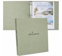 Paper 'n Such Welcome Binder for Short Term Rentals -Green Linen Fabric 3 Ring Folder for Airbnb, Vacation Home, House Manual & Guest Information - Letter Size