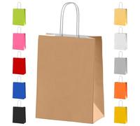 Paper Party Bags with Handles - Brown 10x Small Colourful Carrier Goody Bags for Adults and Kids Parties Weddings Birthdays Baby Showers Xmas and Sweets - 18x22x8cm Kraft Bags
