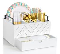 Paper Plate Dispenser with Drawer, Paper Plate Holder for Kitchen Counter, Wood Rustic Silverware Utensil Caddy, Cutlery Flatware Organizer for Cup Spoon Fork Plates Napkins, White Kitchen Accessories