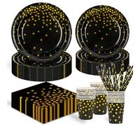 Paper Plates Napkins Cups Set, 125 Pieces Black and Gold Birthday Party Tableware for Wedding Engagement Birthday Party Decorations