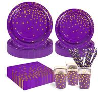Paper Plates Napkins Cups Set, 125 Pieces Purple and Gold Dots Birthday Party Tableware for Wedding Engagement Birthday Party Decorations