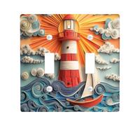 Paper Quilling Lighthouse Decorative Light Switch Cover Wall Plate 2 Gang Double Toggle, Fun Nautical Scenic Electrical Faceplate for Kitchen Bathroom, Landscape Switchcover Decor